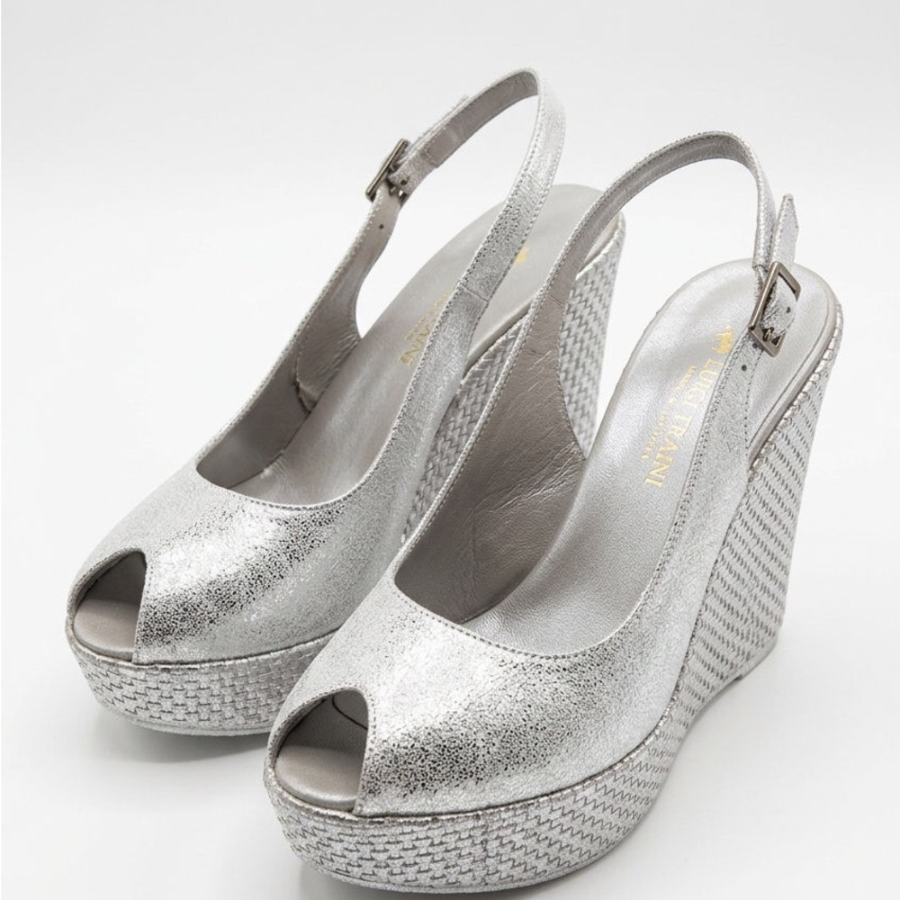 Luigi Traini Metallic Silver Leather Comfort Peep-Toe Wedge Summer Slingback